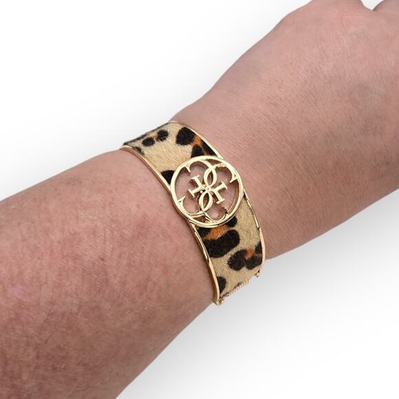 Guess Leopard Faux-Fur Logo Hinged Bangle – Gold-Tone Statement Bracelet - Picture 11 of 13